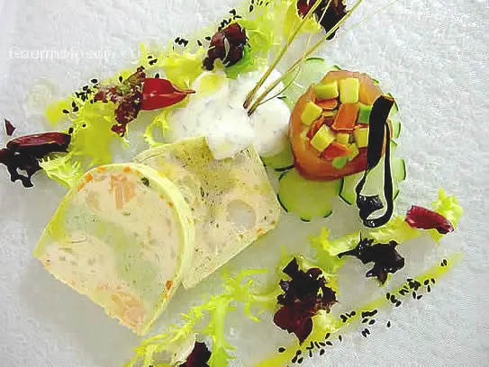 Terrine vom Hummer, Brokkoli und Lauch an frischer Thunfischrolle mit Avocadofüllung auf marinierten Salaten und Dillsauce