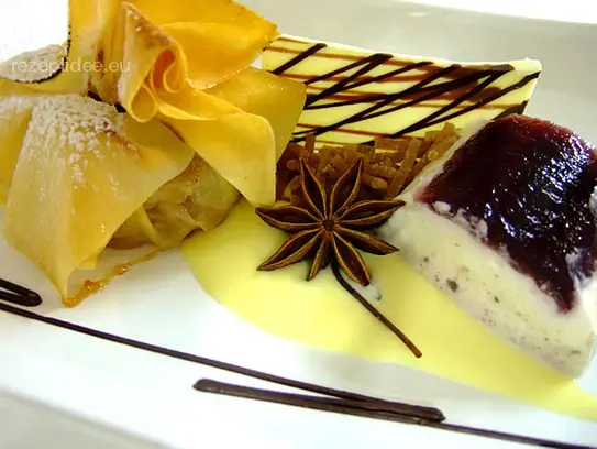 Ziehteigtasche mit Quittenfüllung auf Sternanissauce an Kastanienparfait