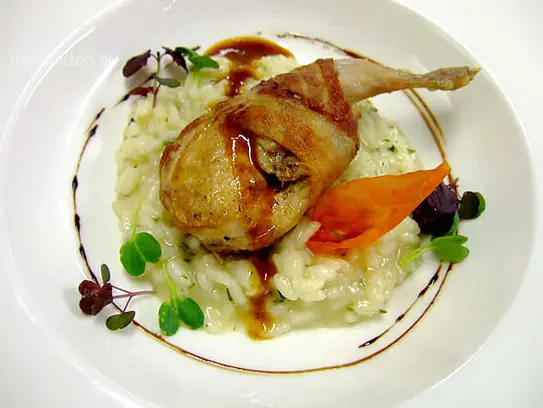 Risotto mit frischen Kräutern und gebratenem Wachtelbrüstchen im Bauchspeckmantel