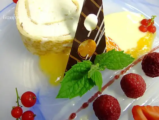 Joghurtterrine im Crêpesmantel auf Aprikosensauce