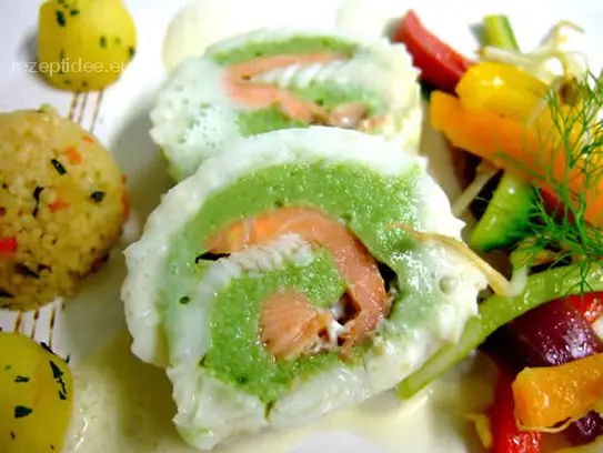 Schollen-Lachsforellenroulade mit Gemüse und Kuskus