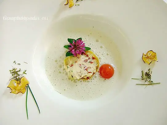 Bergblütenschaumsuppe mit Ziegenfrischkäse auf Röstbrot