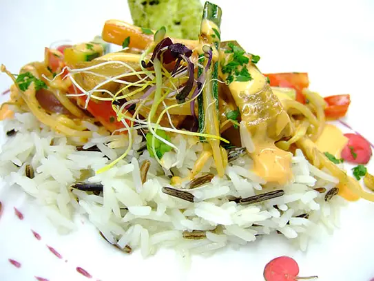 Stroganow vom Seitan mit Gemüse auf Wildreis