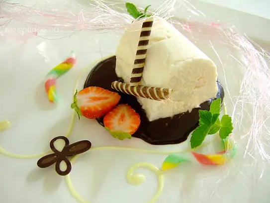 Halbgefrorenes von der Kokosnuss auf Schokoladensauce