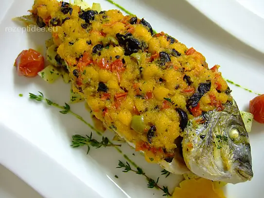 Goldbrasse mit Tomaten-Olivenkruste im Ganzen gebraten