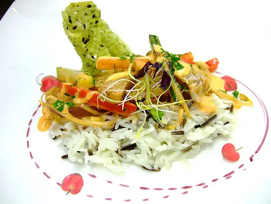 Stroganow vom Seitan mit Gemüse auf Wildreis