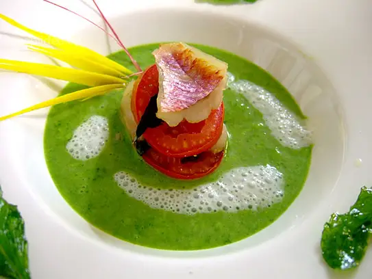 Feine Mangoldcremesuppe mit Rotbarbenfilets